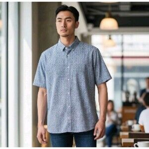 NWOT Mizzen & Main Performance Shirt Mens M White Blue Geometric AOP Button Up